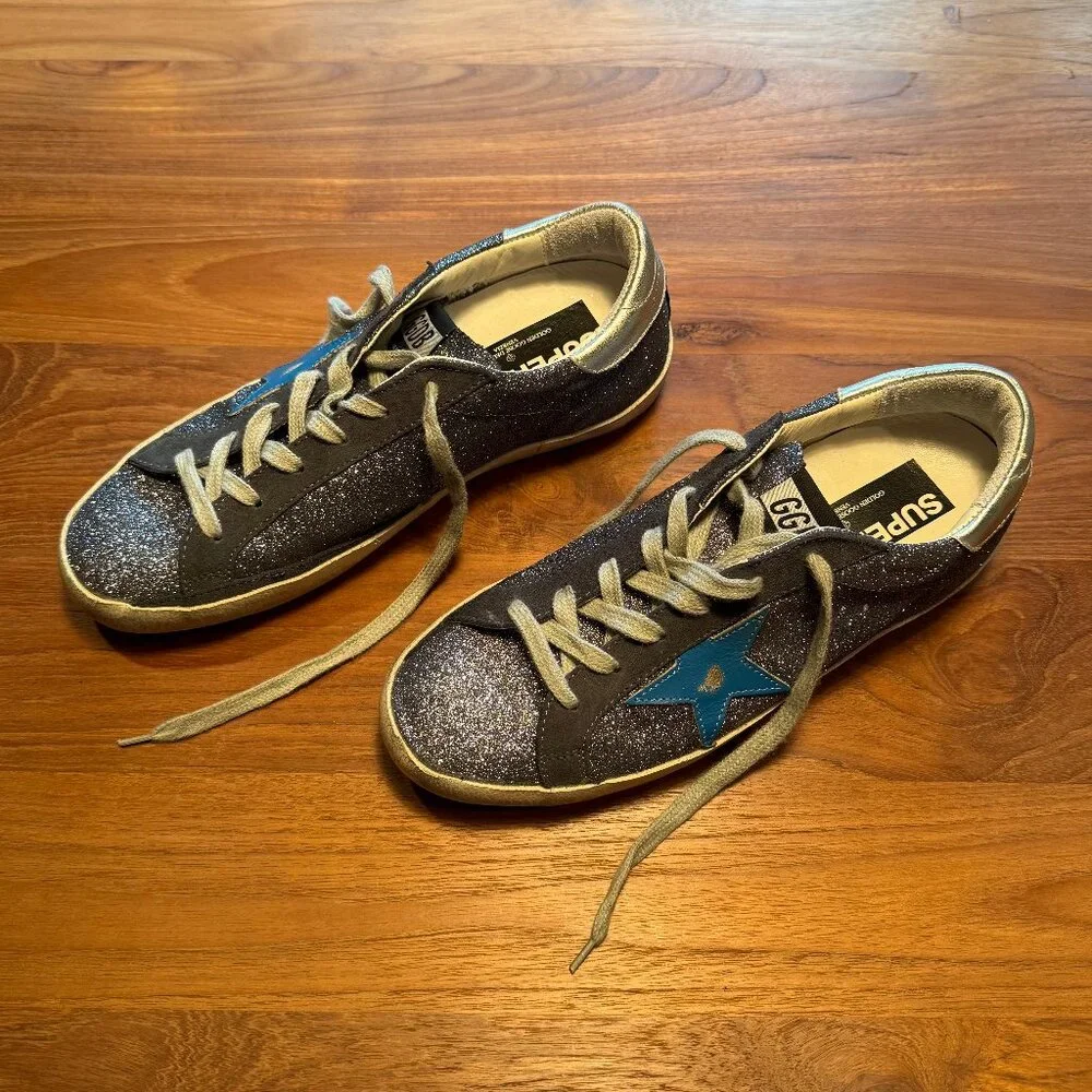 Golden Goose GGDB Women's Super Star Grey‎ Glitter Sneakers with Blue Star EU 40